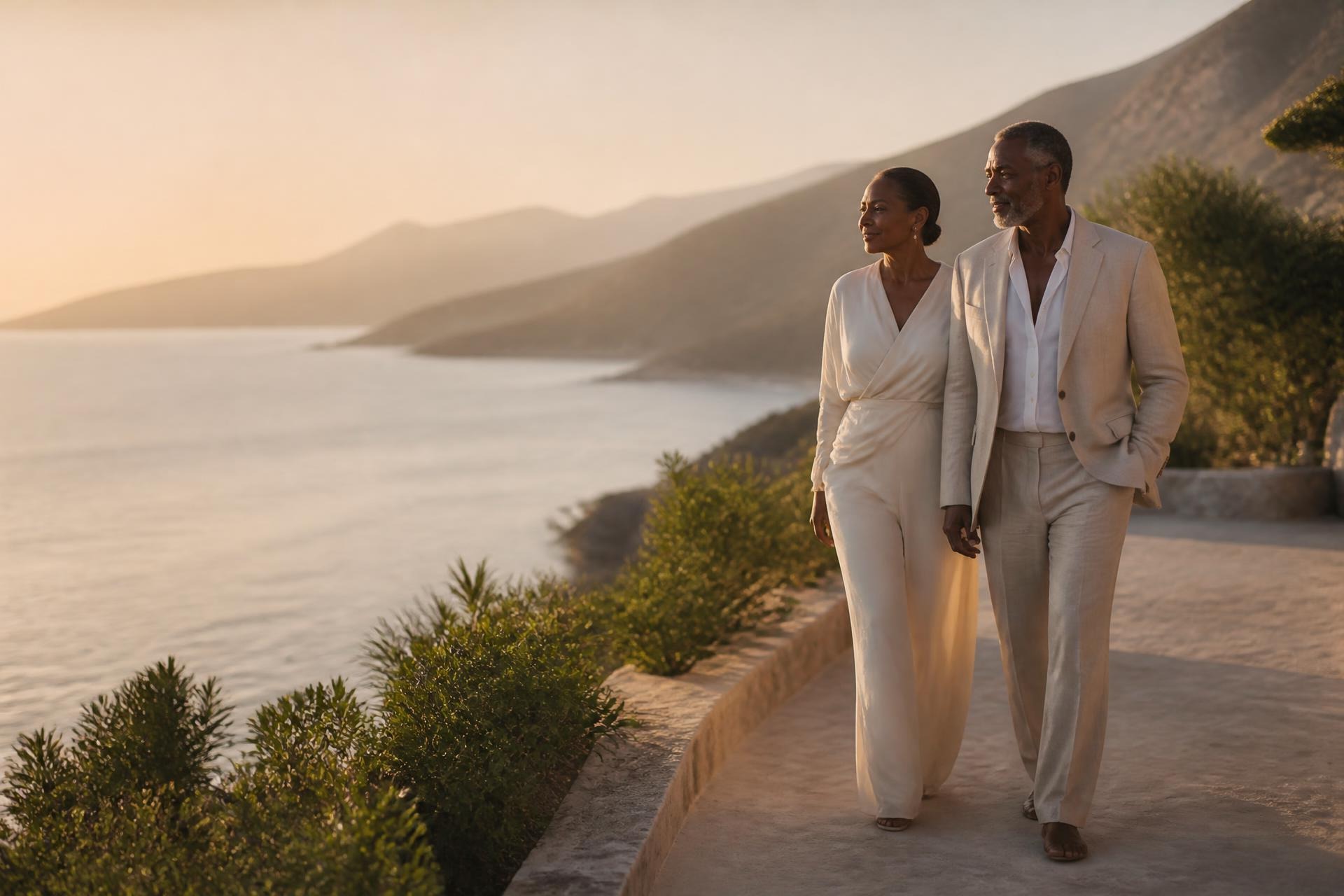 Couple élégant marchant face à l'océan au lever du soleil